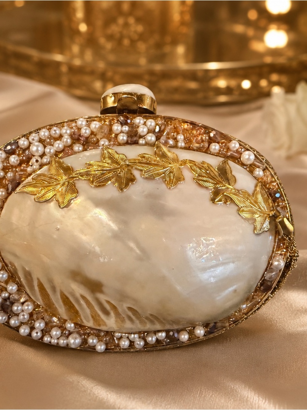 Gold Leaf Pearl-Embellished Shell Clutch